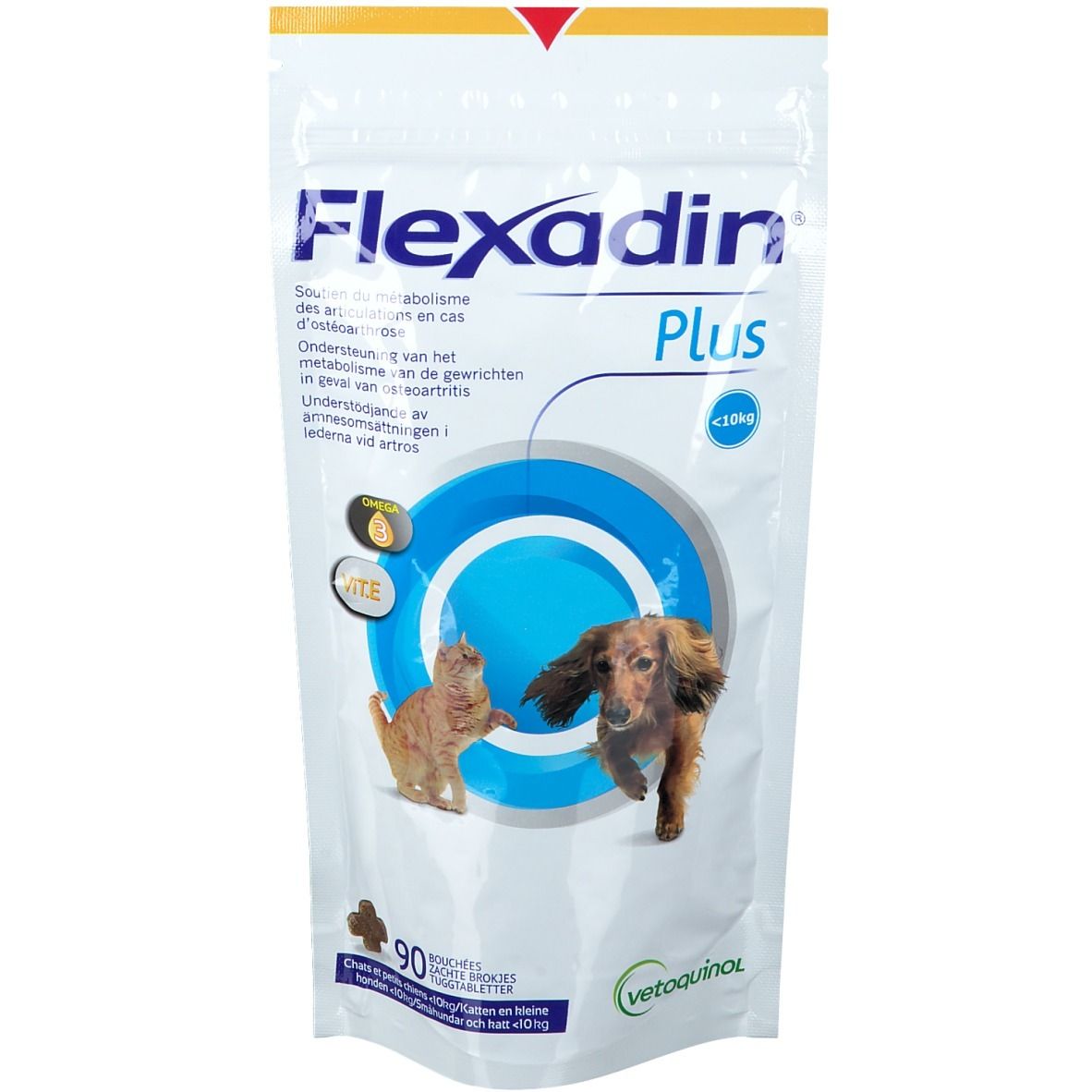 Flexadin Plus Mini zak. Bevat 90 kauwtabletten. Voor katten en kleine honden onder 10 kg. Vetoquinol logo.