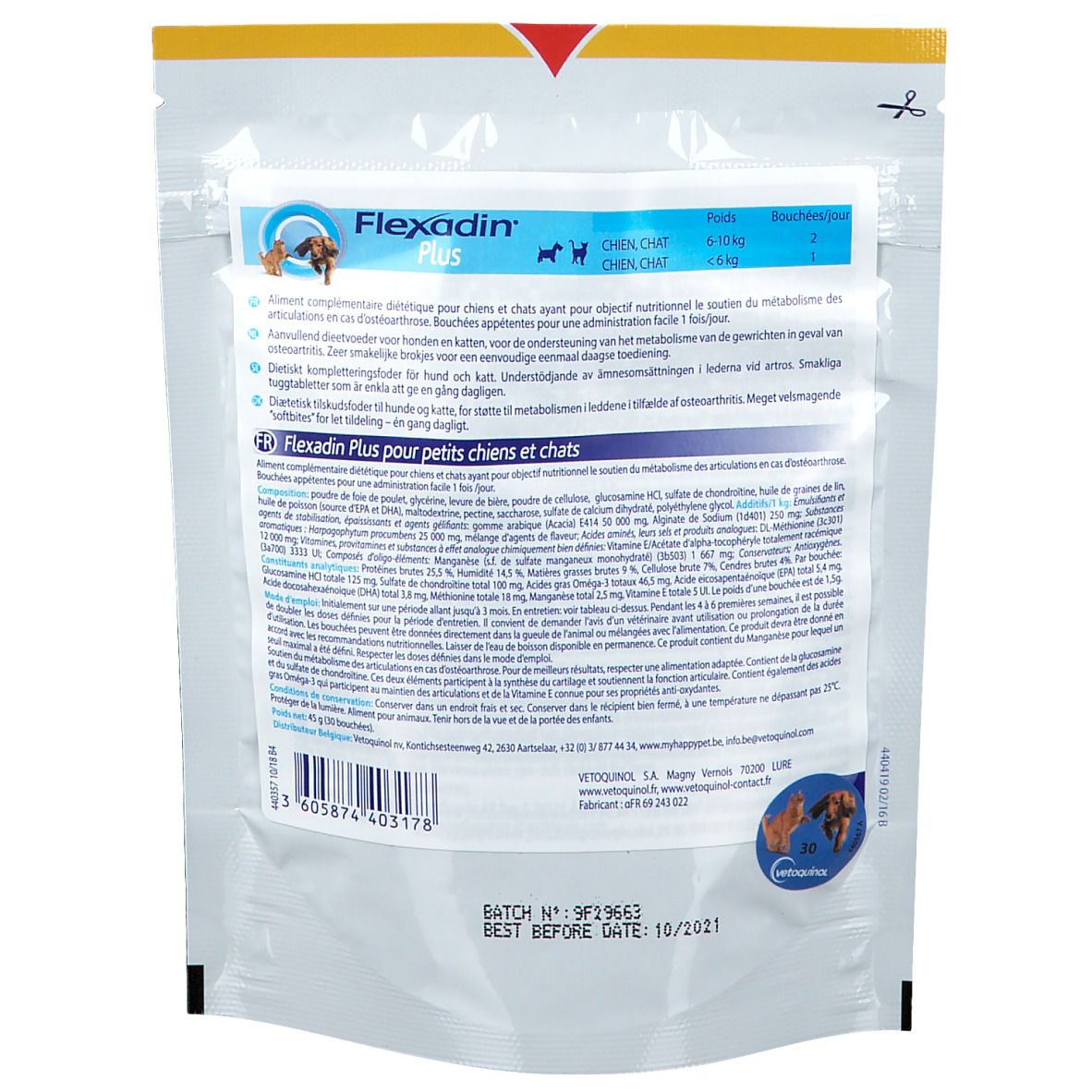 Rückseite der Flexadin Plus <10kg Verpackung. Enthält Text in mehreren Sprachen. Mit Logo und Chargennummer.