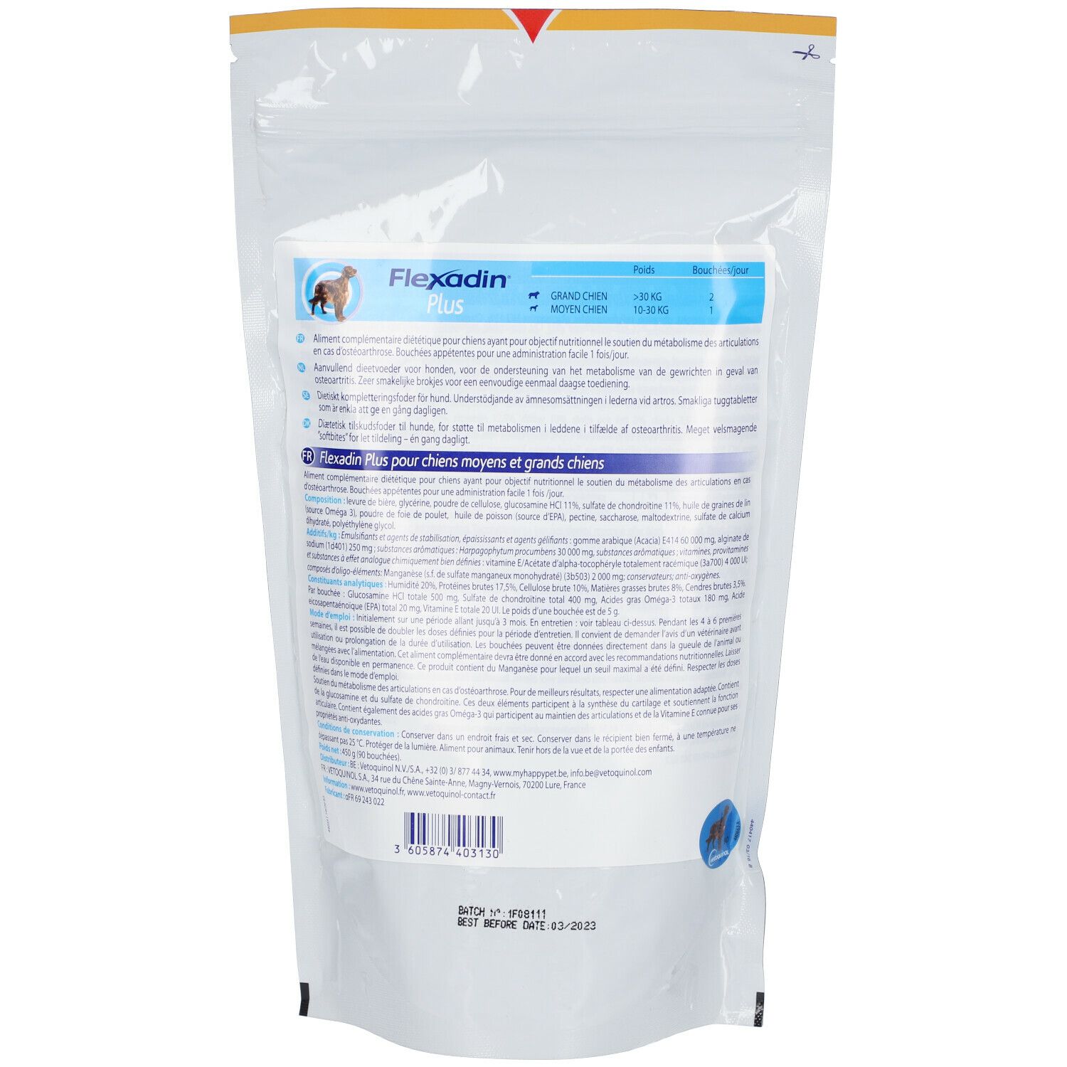 Dos du sachet Flexadin Plus Maxi. Informations textuelles en plusieurs langues. Contient des informations sur les ingrédients et le dosage.