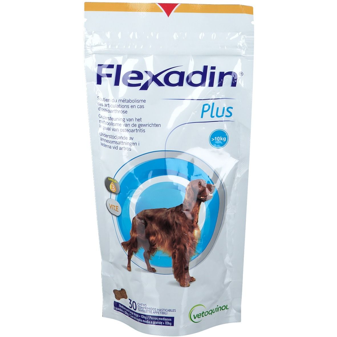 Flexadin Plus zak. Bevat tabletten. Afbeelding van een hond. Vetoquinol logo. Tekst: >50kg.