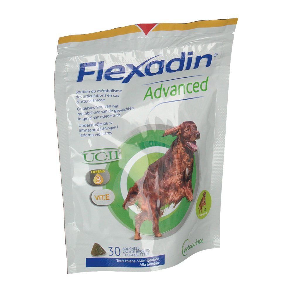 Sachet Flexadin Advanced avec 30 comprimés. Illustration d'un chien, UCII, vitamine C. Emballage avec fermeture éclair.