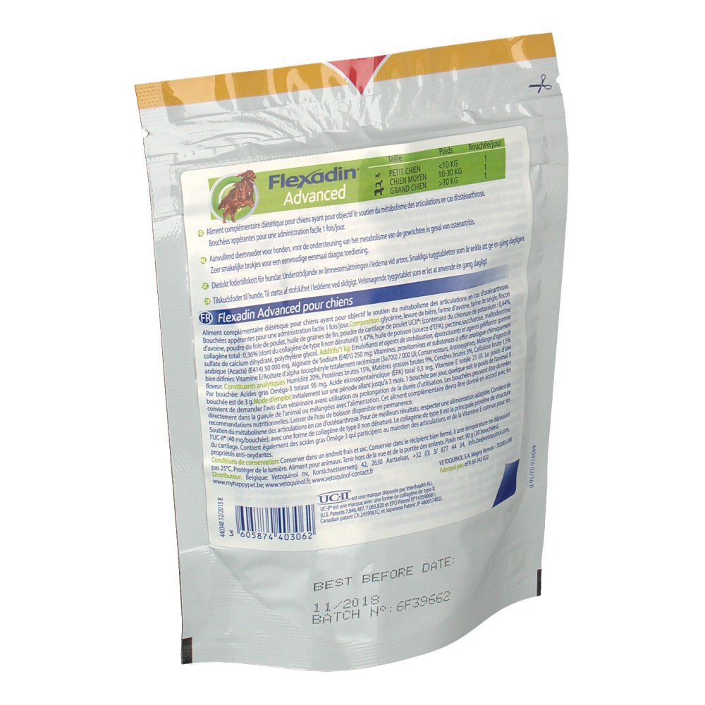 Dos du sachet Flexadin Advanced. Informations textuelles, ingrédients, date de péremption et numéro de lot.