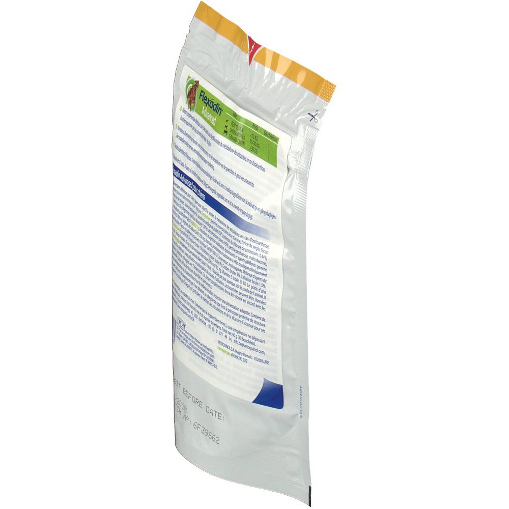 Vue latérale du sachet Flexadin Advanced. Informations textuelles, date de péremption et numéro de lot.