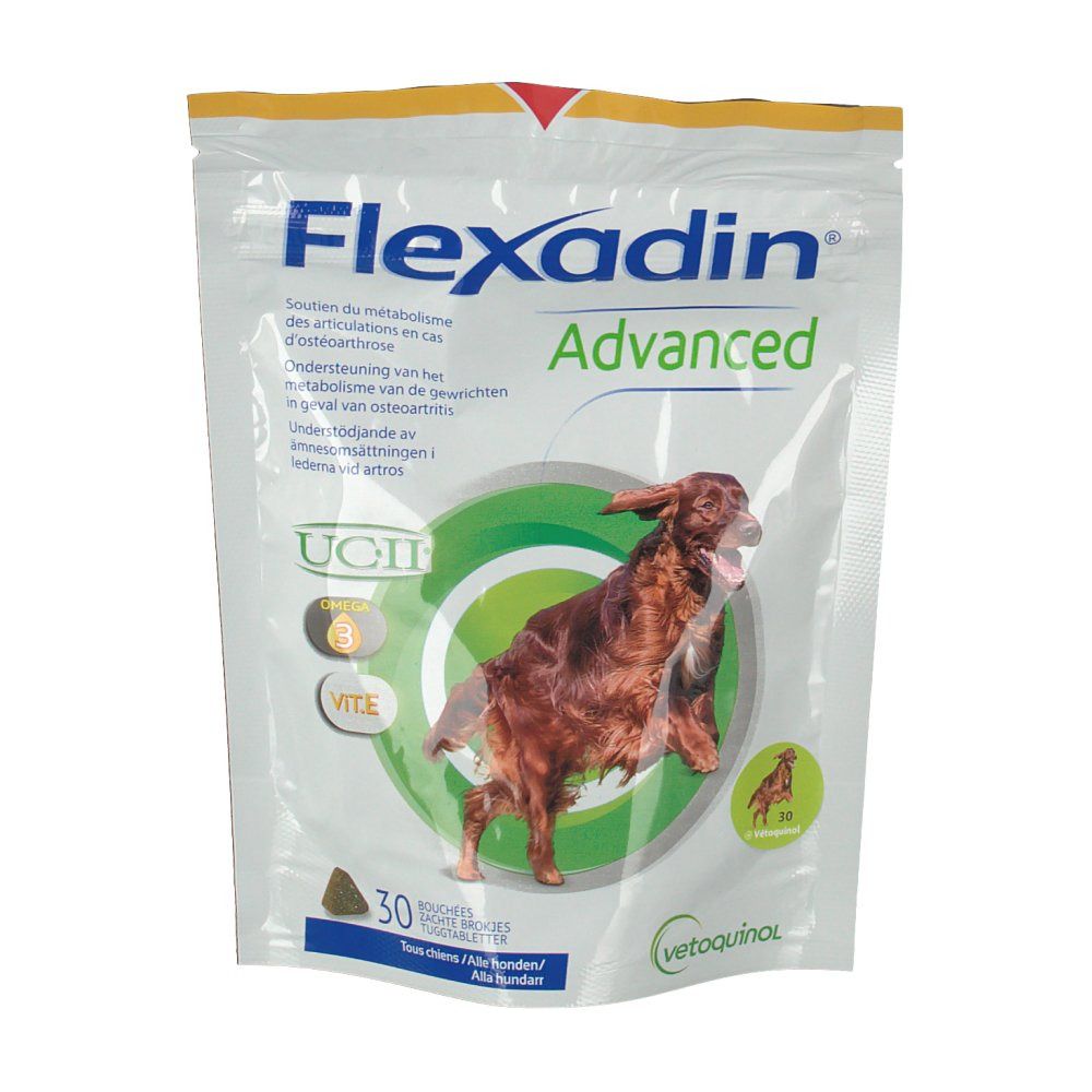 Sachet Flexadin Advanced avec 30 comprimés. Illustration d'un chien, UCII, vitamine C. Emballage avec fermeture éclair.