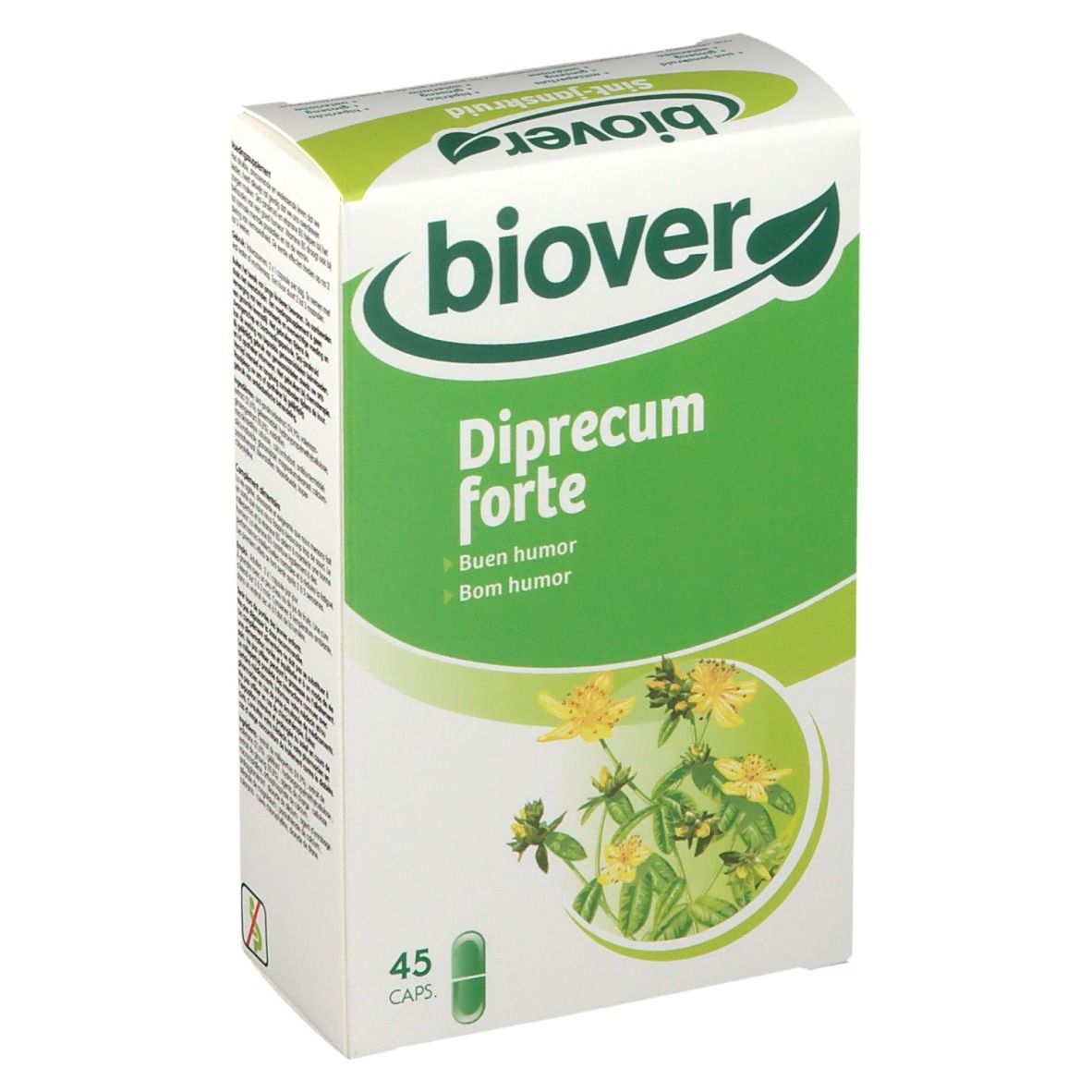 Boîte "Biover Diprecum forte". Emballage vert et blanc avec illustration florale et 45 gélules.