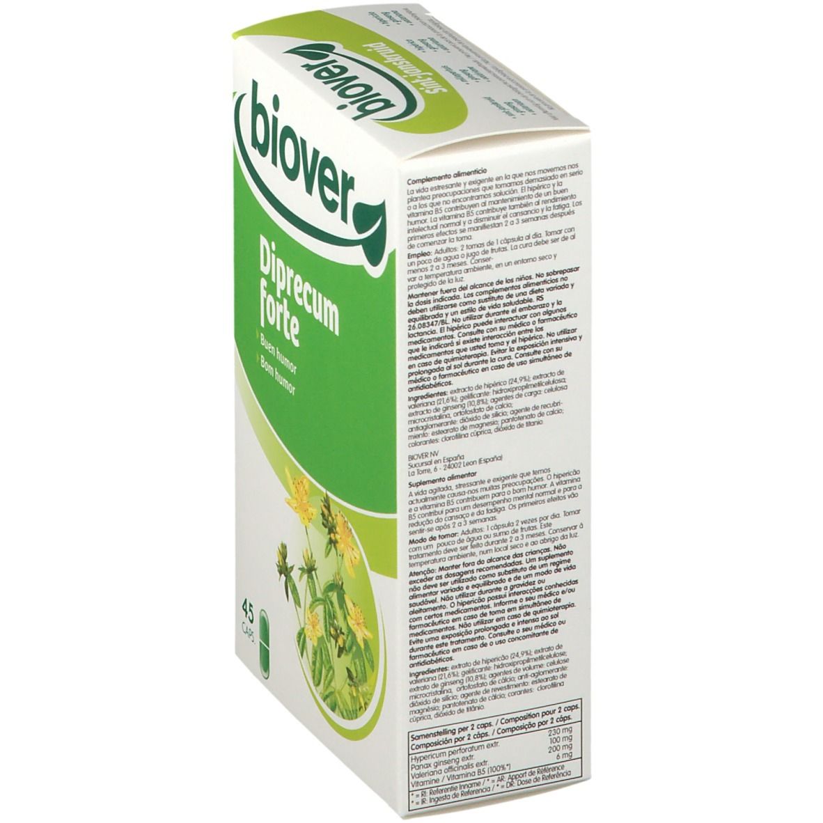 Boîte "Biover Diprecum forte" en biais. Texte et informations sur le côté. 45 gélules.