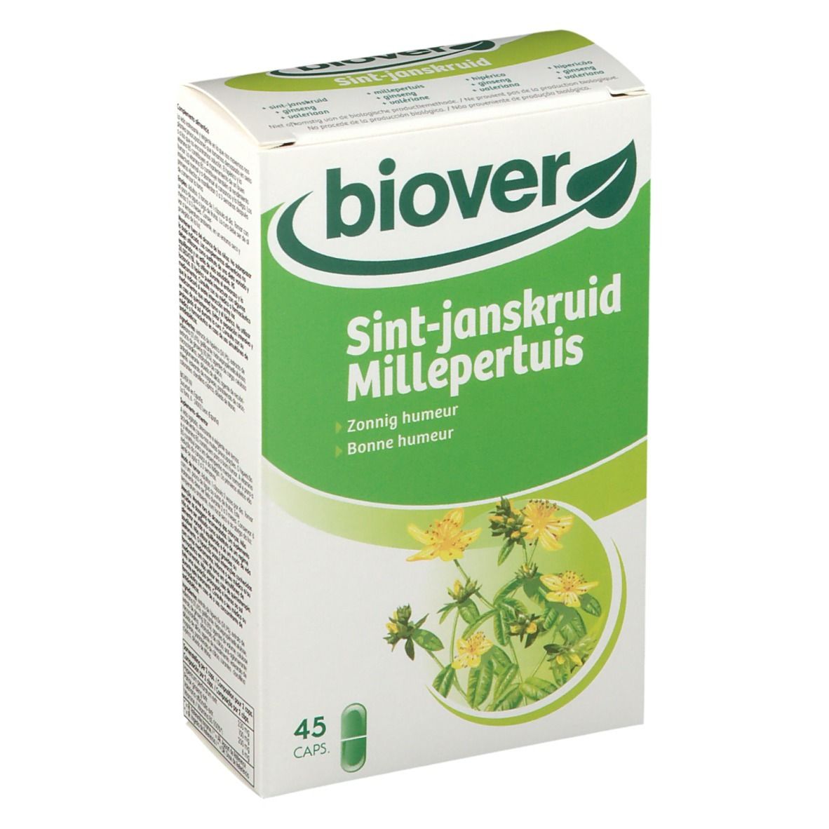 Boîte "Biover Sint-janskruid Millepertuis". Emballage vert et blanc avec illustration florale et 45 gélules.
