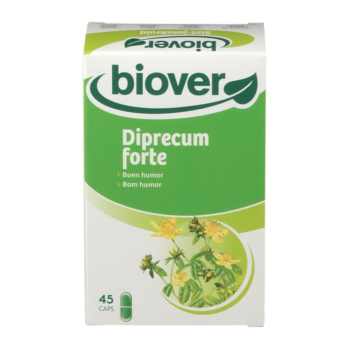 Boîte "Biover Diprecum forte". Emballage vert et blanc avec illustration florale et 45 gélules.
