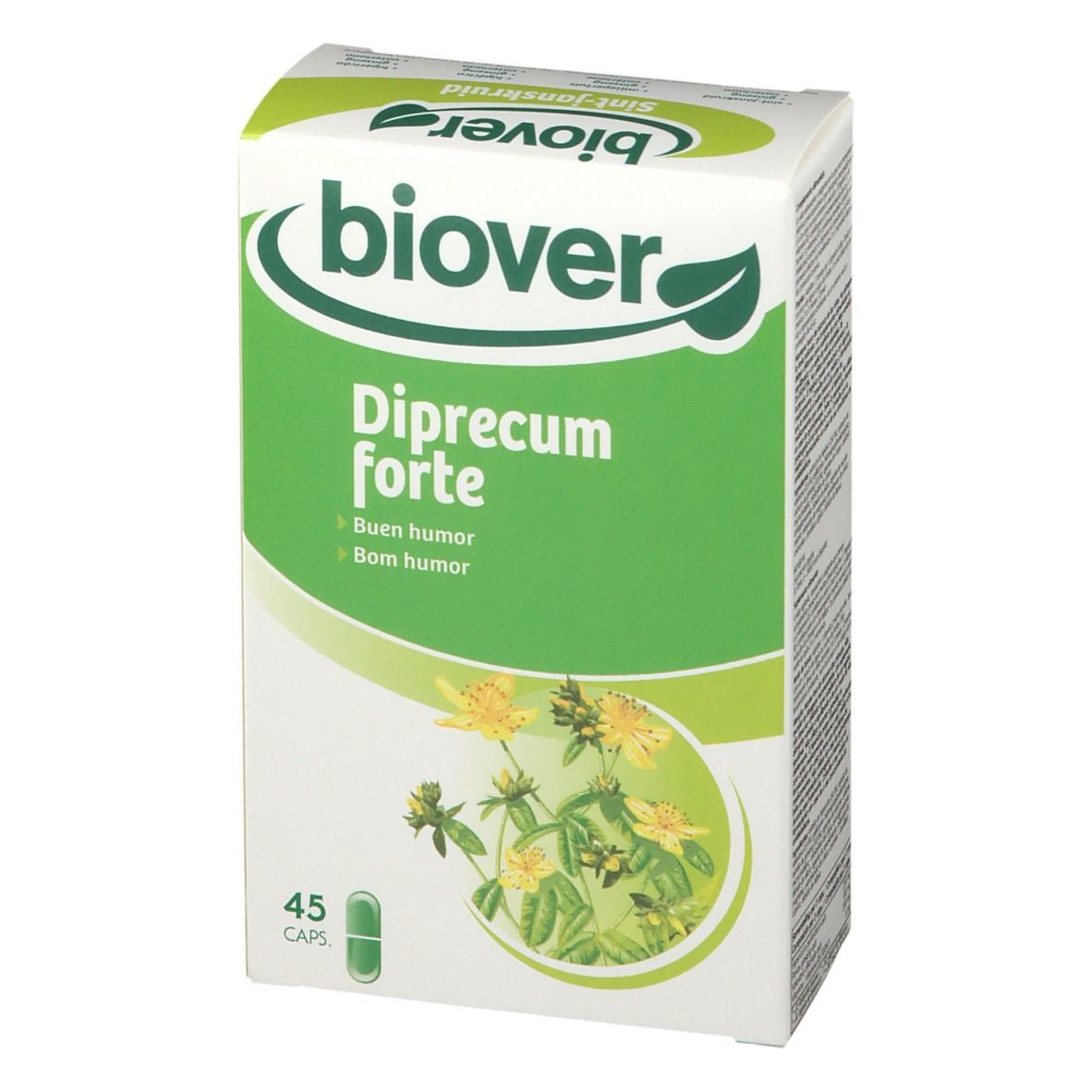 Boîte "Biover Diprecum forte". Emballage vert et blanc avec illustration florale et 45 gélules.
