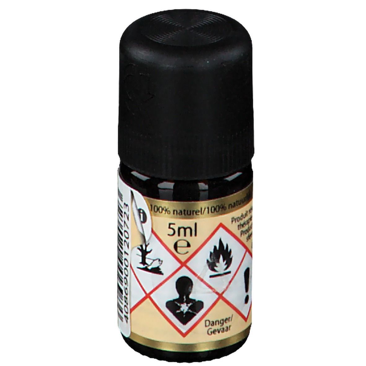Flacon en verre brun avec bouchon noir. Autocollant avec symboles d'avertissement et 5ml. Inscription : 100% naturel.
