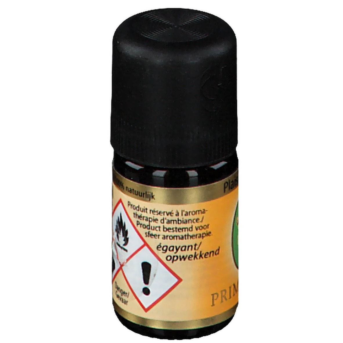 Flacon en verre brun avec bouchon noir. Autocollant avec symboles d'avertissement. Inscription : Produit destiné à l'aromathérapie.