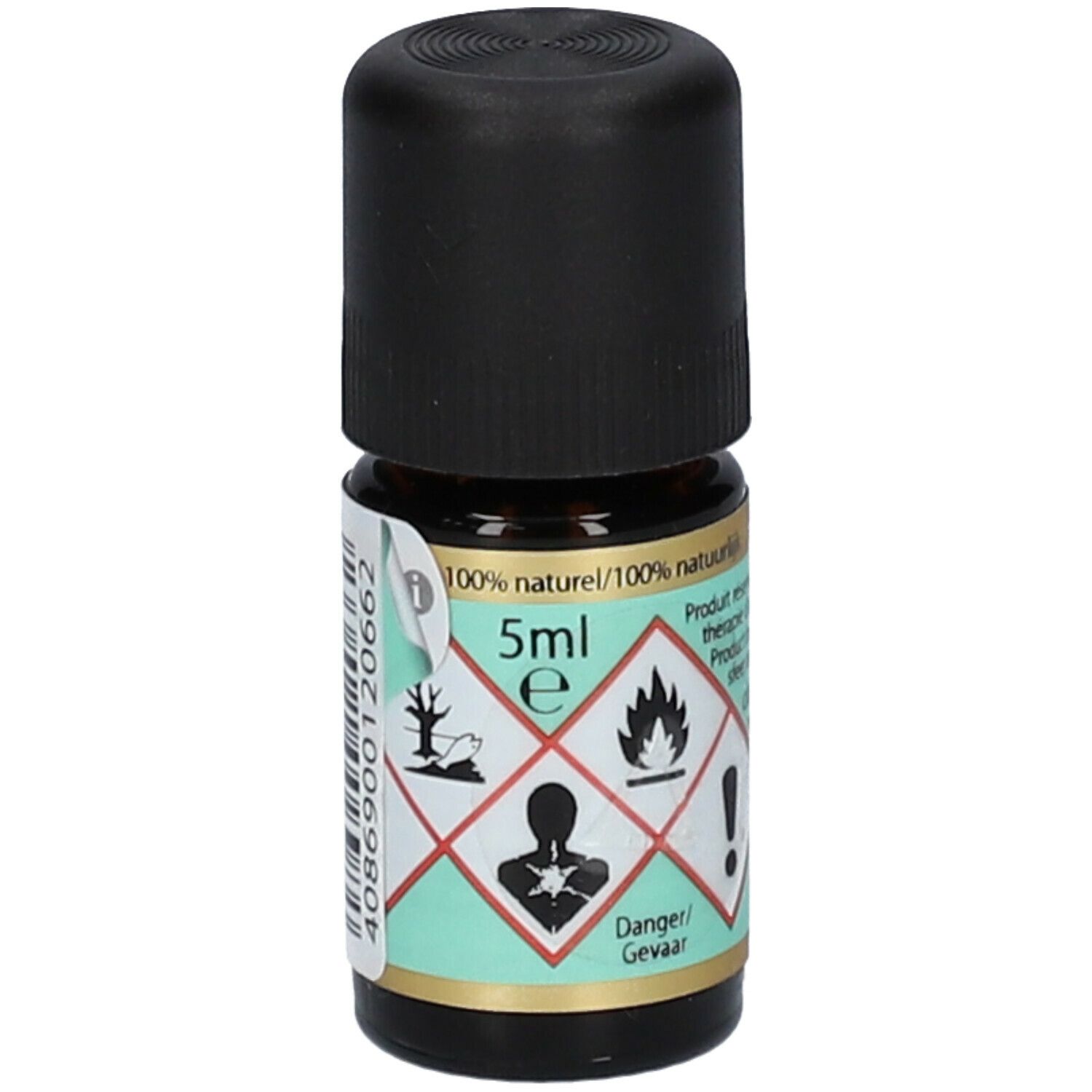 Bruine glazen fles met zwarte dop. Etiket met waarschuwingssymbolen, 5ml indicatie en tekst in het Duits.