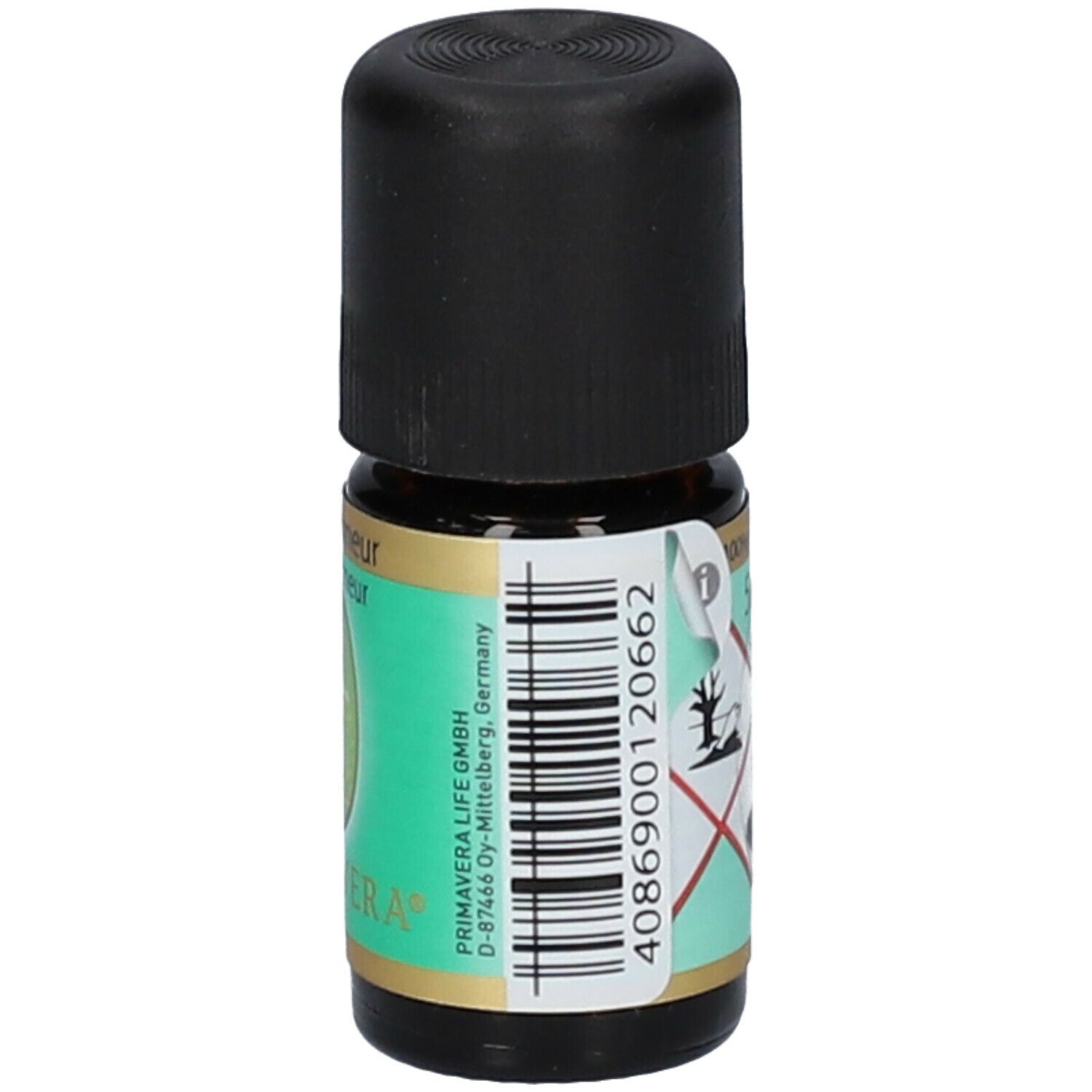 Bruine glazen fles met zwarte dop. Etiket met waarschuwingssymbolen, barcode en bedrijfsadres.