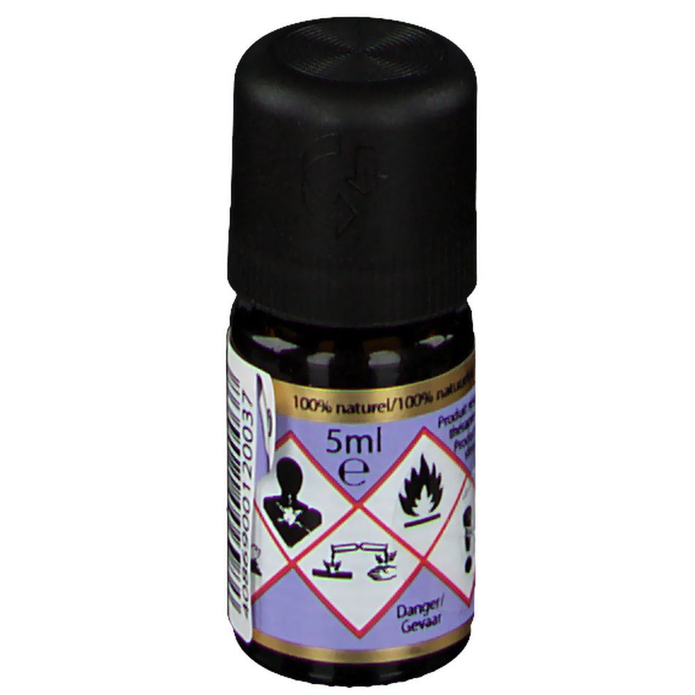 Petit flacon en verre brun avec bouchon noir. Étiquette avec symboles d'avertissement, 5ml et 100% naturel.