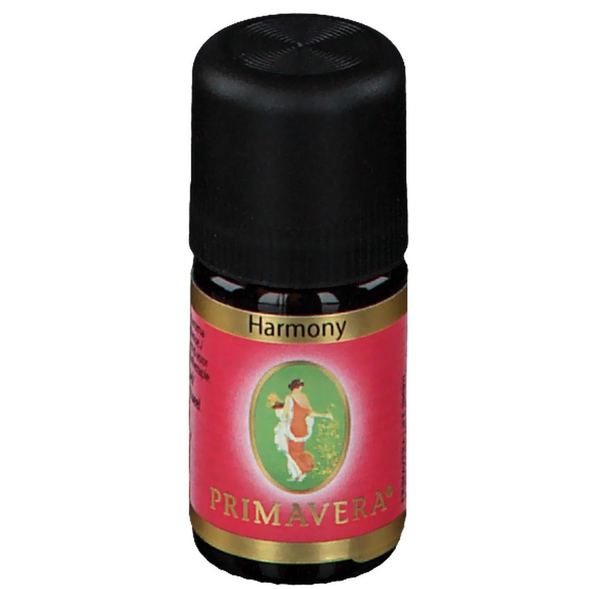 Petite bouteille en verre brun avec bouchon noir. Étiquette rouge avec Harmony et PRIMAVERA®. Illustration d'une femme.