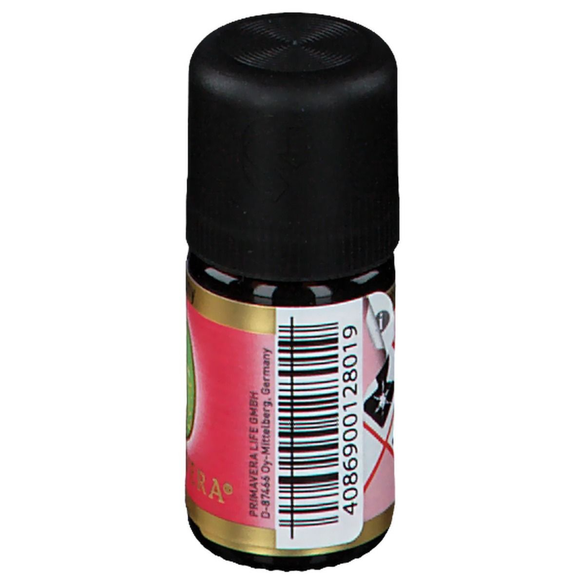 Petite bouteille en verre brun avec bouchon noir. Étiquette rouge avec code-barres et adresse PRIMAVERA® Life GmbH.