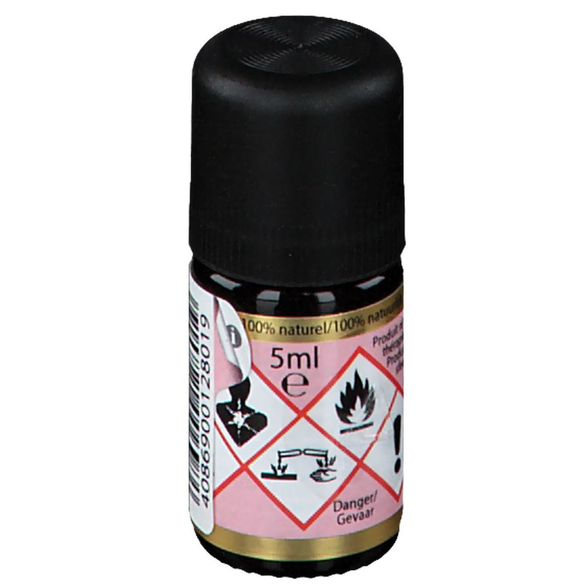 Petite bouteille en verre brun avec bouchon noir. Étiquette rouge avec 5ml, symboles de danger et avertissements.