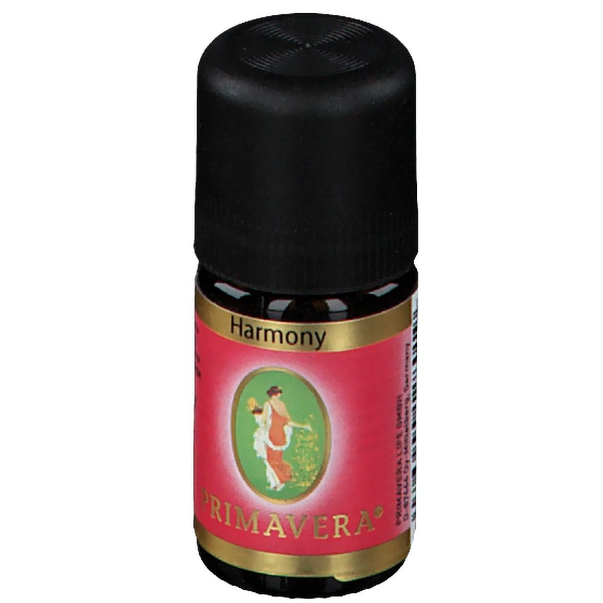 Petite bouteille en verre brun avec bouchon noir. Étiquette rouge avec Harmony et logo PRIMAVERA®.