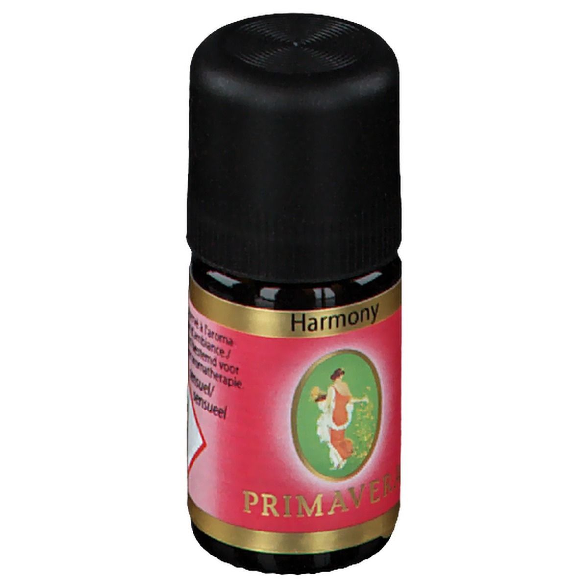 Petite bouteille en verre brun avec bouchon noir. Étiquette rouge avec Harmony et logo PRIMAVERA®. Illustration.