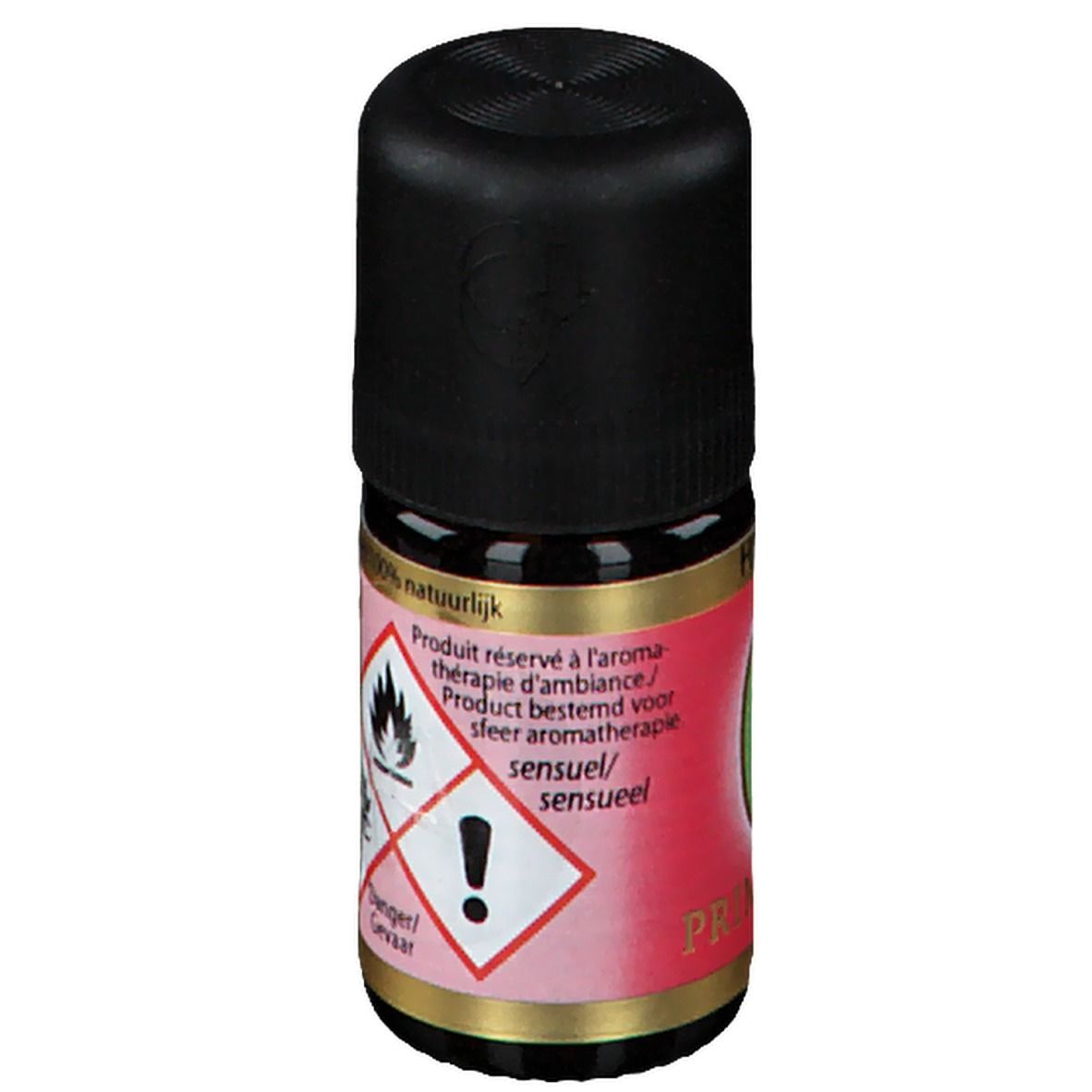 Petite bouteille en verre brun avec bouchon noir. Étiquette rouge avec avertissements, symboles de danger et nom du produit.