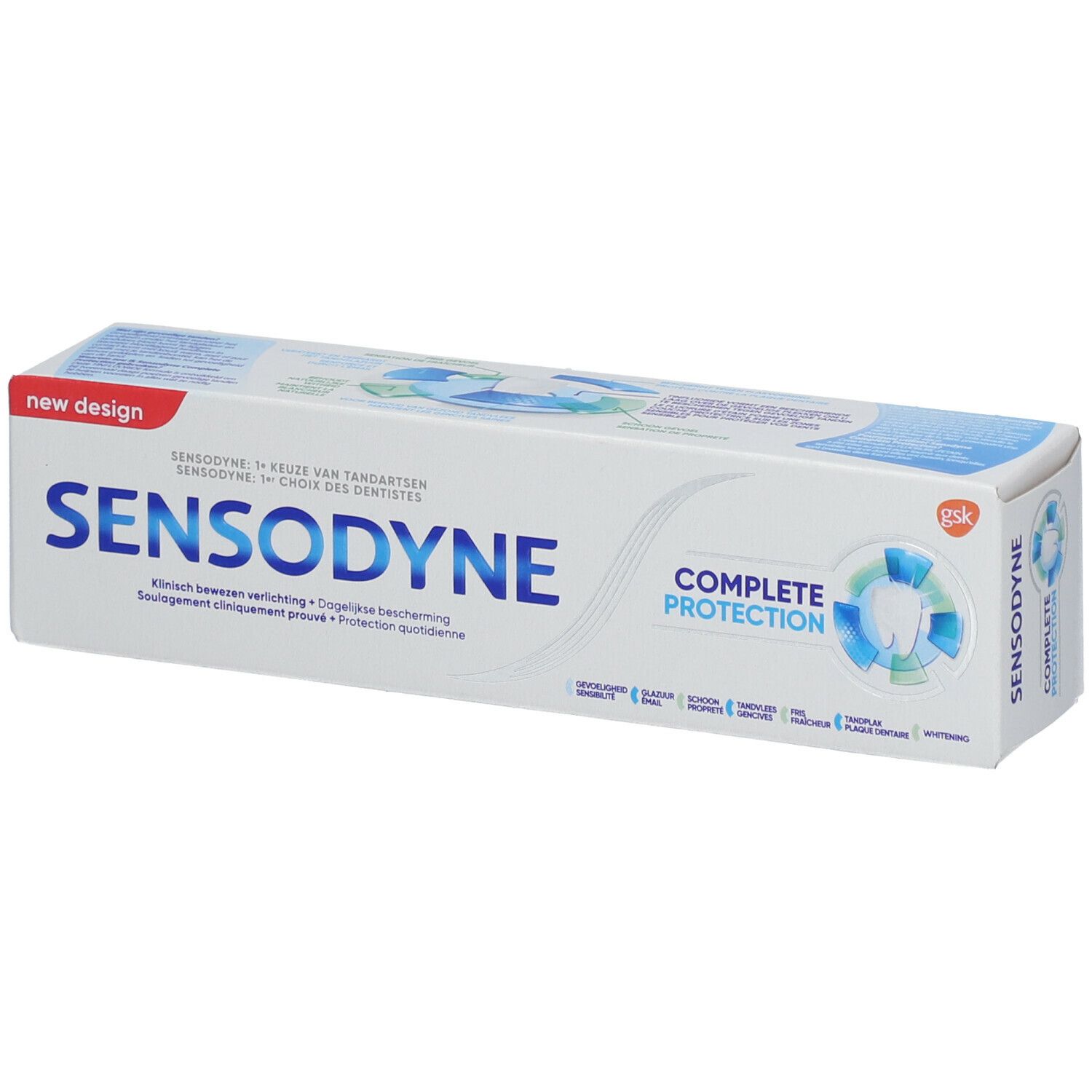 Scatola di dentifricio SENSODYNE COMPLETE PROTECTION. Bianco, scritta blu, 'New Design'.