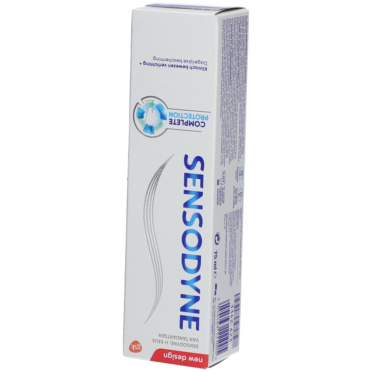 Scatola di dentifricio SENSODYNE COMPLETE PROTECTION. Bianco, scritta blu, 'New Design', 75 ml.