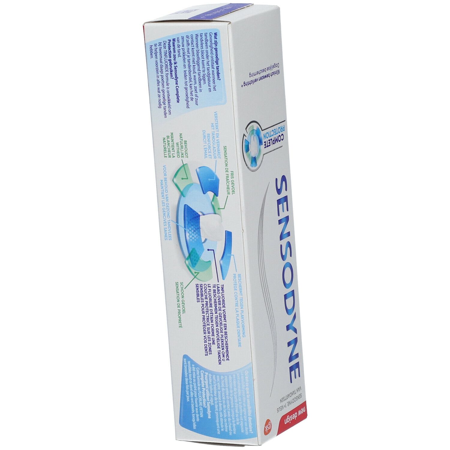 Retro della scatola di dentifricio SENSODYNE COMPLETE PROTECTION. Bianco, scritta blu, 'New Design'.