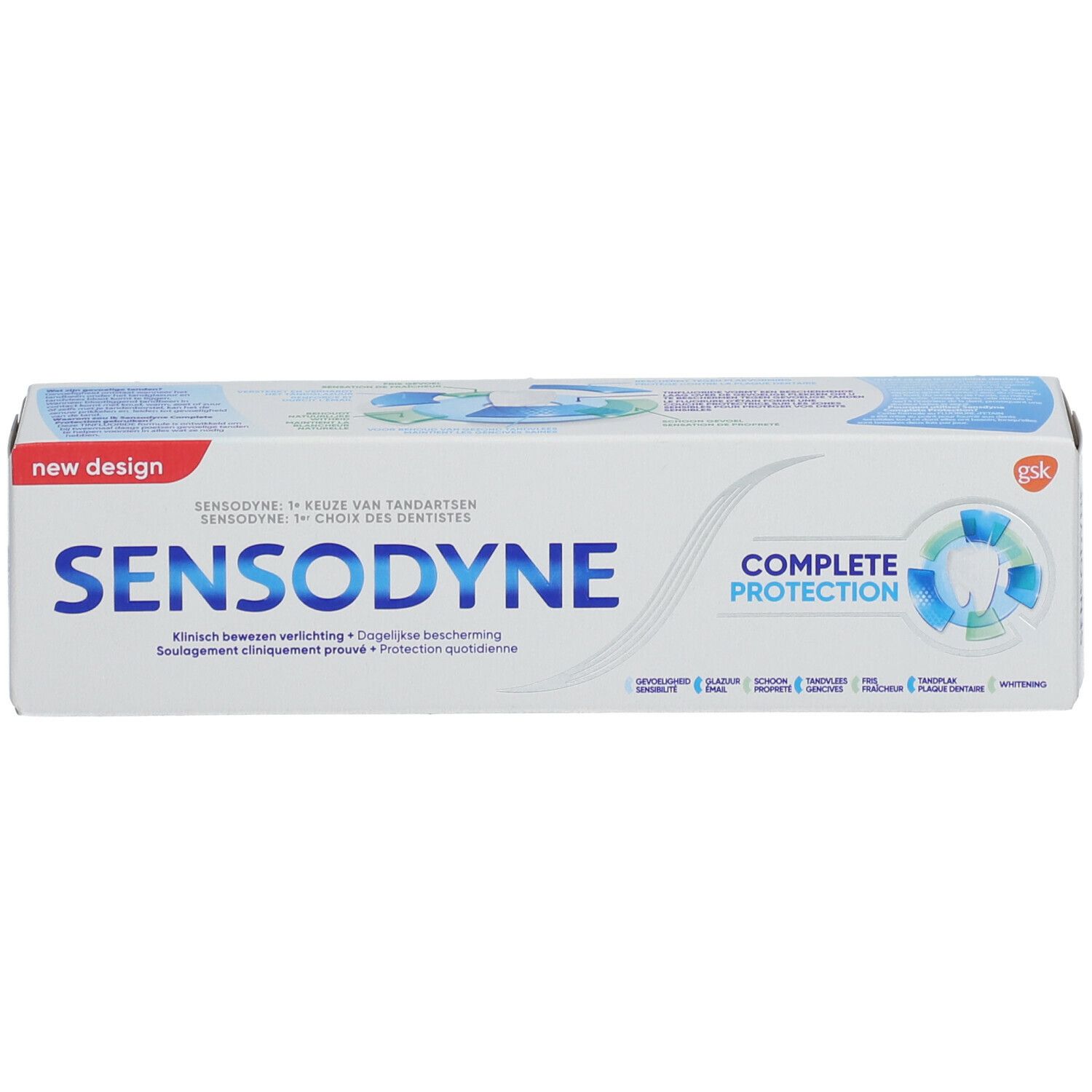 Scatola di dentifricio SENSODYNE COMPLETE PROTECTION. Bianco, scritta blu, 'New Design'.