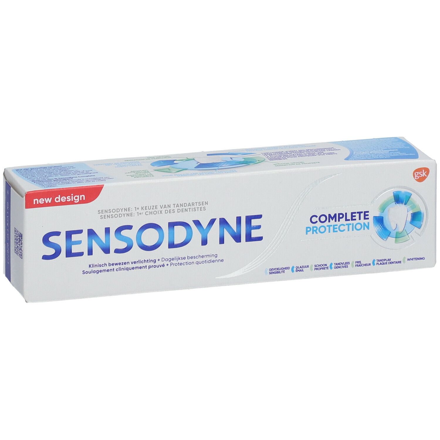 Scatola di dentifricio SENSODYNE COMPLETE PROTECTION. Bianco, scritta blu, 'New Design'.