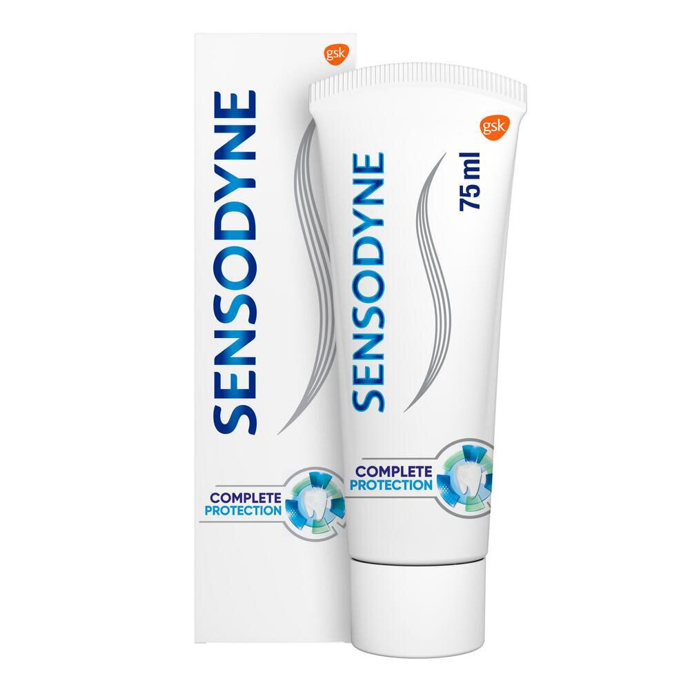 Tubo e scatola di dentifricio SENSODYNE COMPLETE PROTECTION. Tubo bianco, scritta blu, 75 ml.