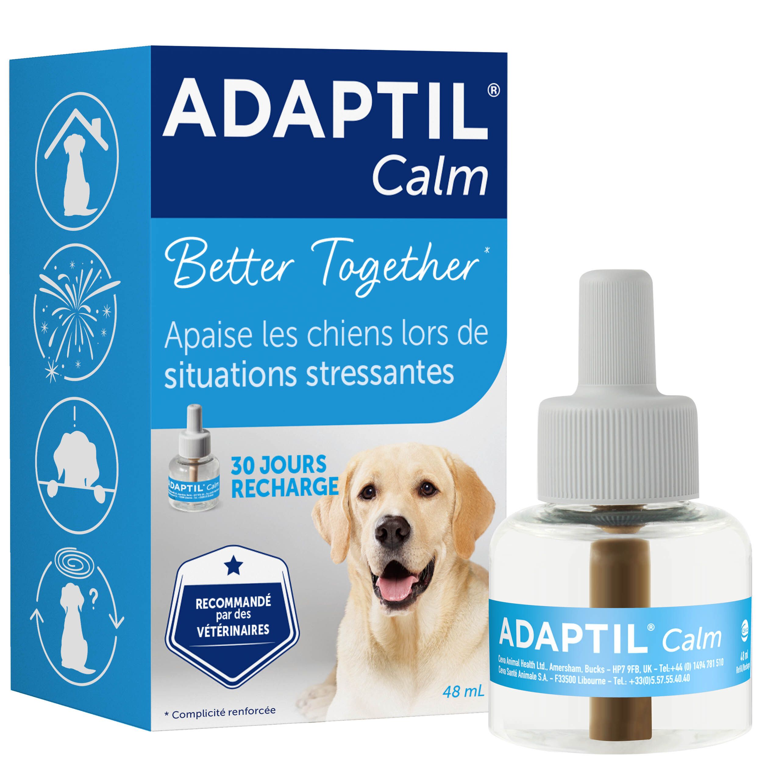 Adaptil Calm, boîte et flacon. Flacon et boîte. Recommandé par les vétérinaires. 48 ml.