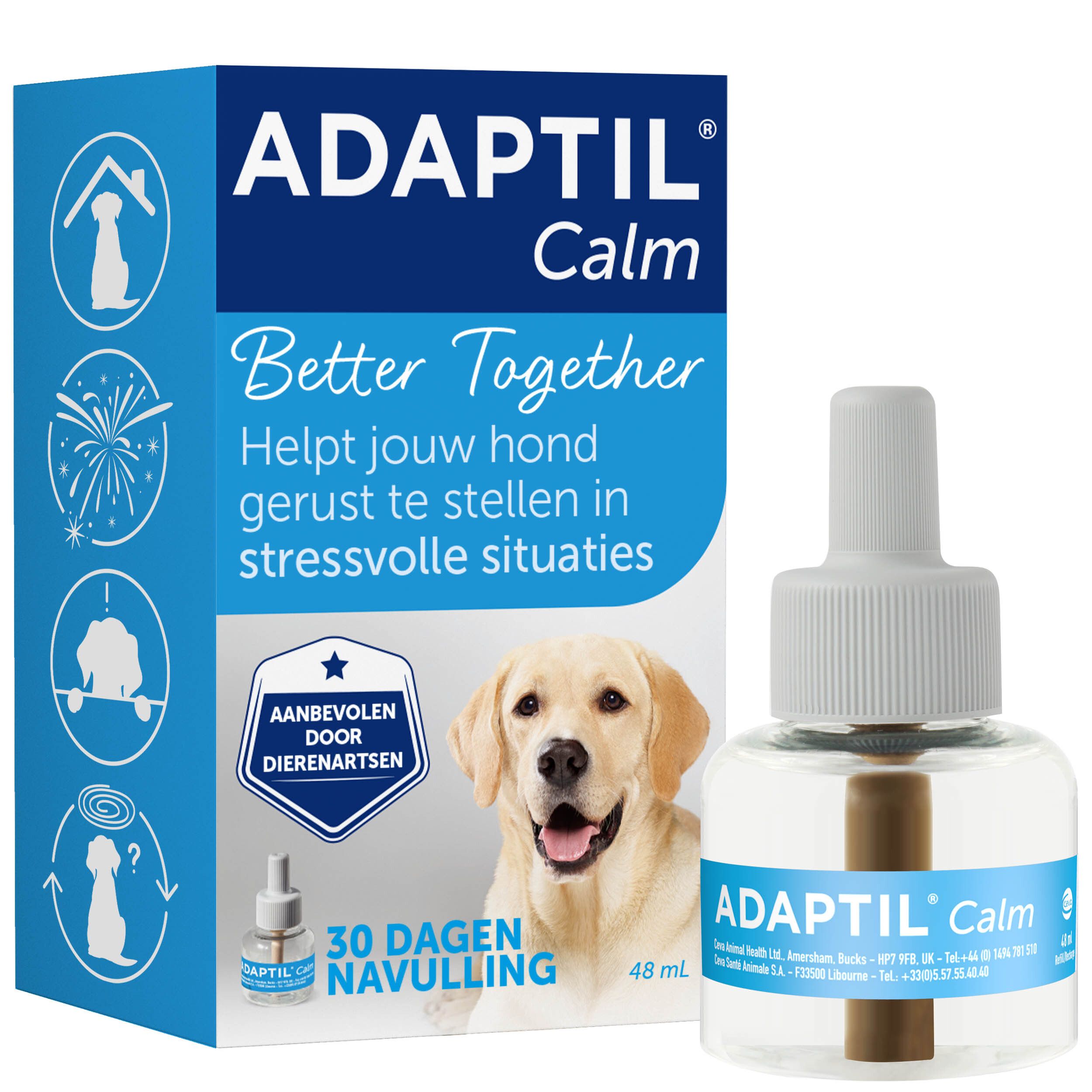 Adaptil Calm, doos en flacon. Flacon en doos. Aanbevolen door dierenartsen. 48 ml.