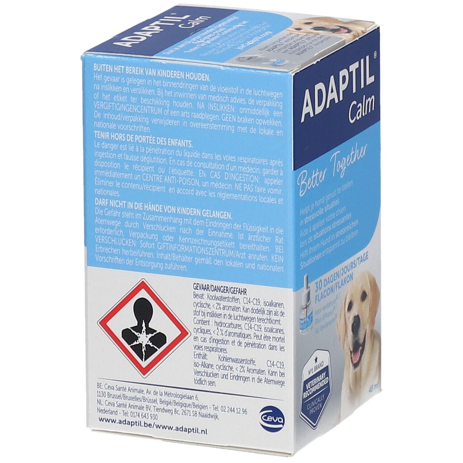 Adaptil Calm, boîte. Contient des avertissements. Symbole de danger. Contient des informations d'utilisation.