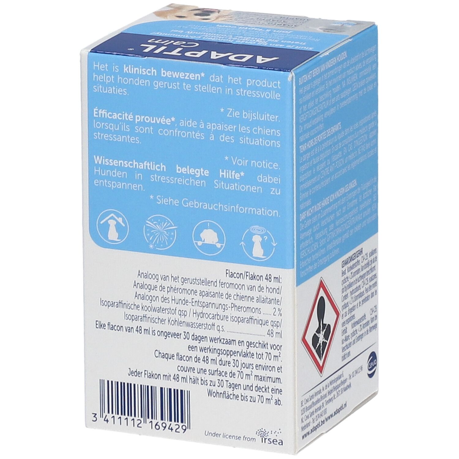 Adaptil Calm, boîte. Contient des informations d'utilisation. Contient des informations sur la composition.