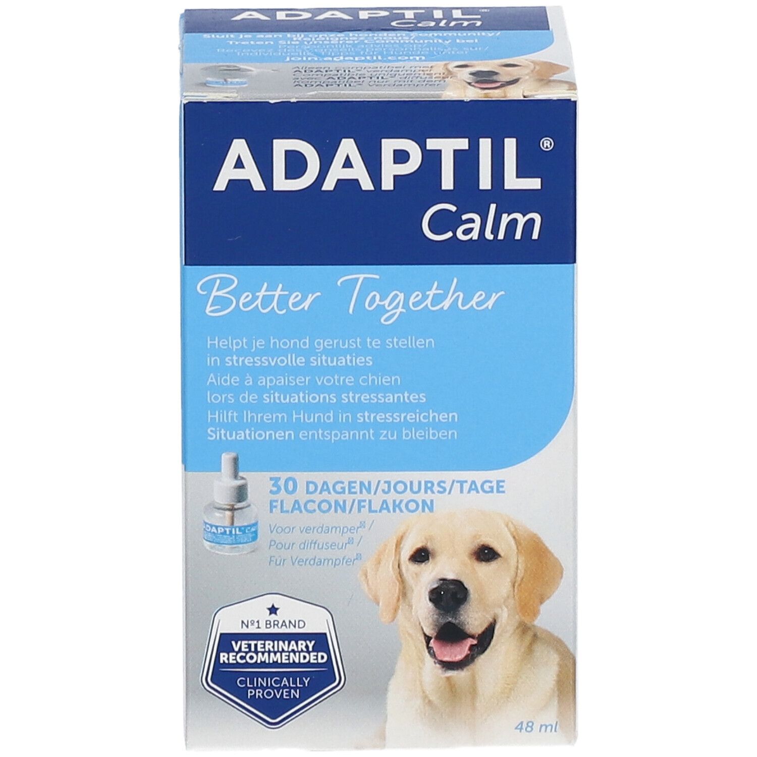 Adaptil Calm, boîte et flacon. Contient un flacon et une boîte. Recommandé par les vétérinaires.