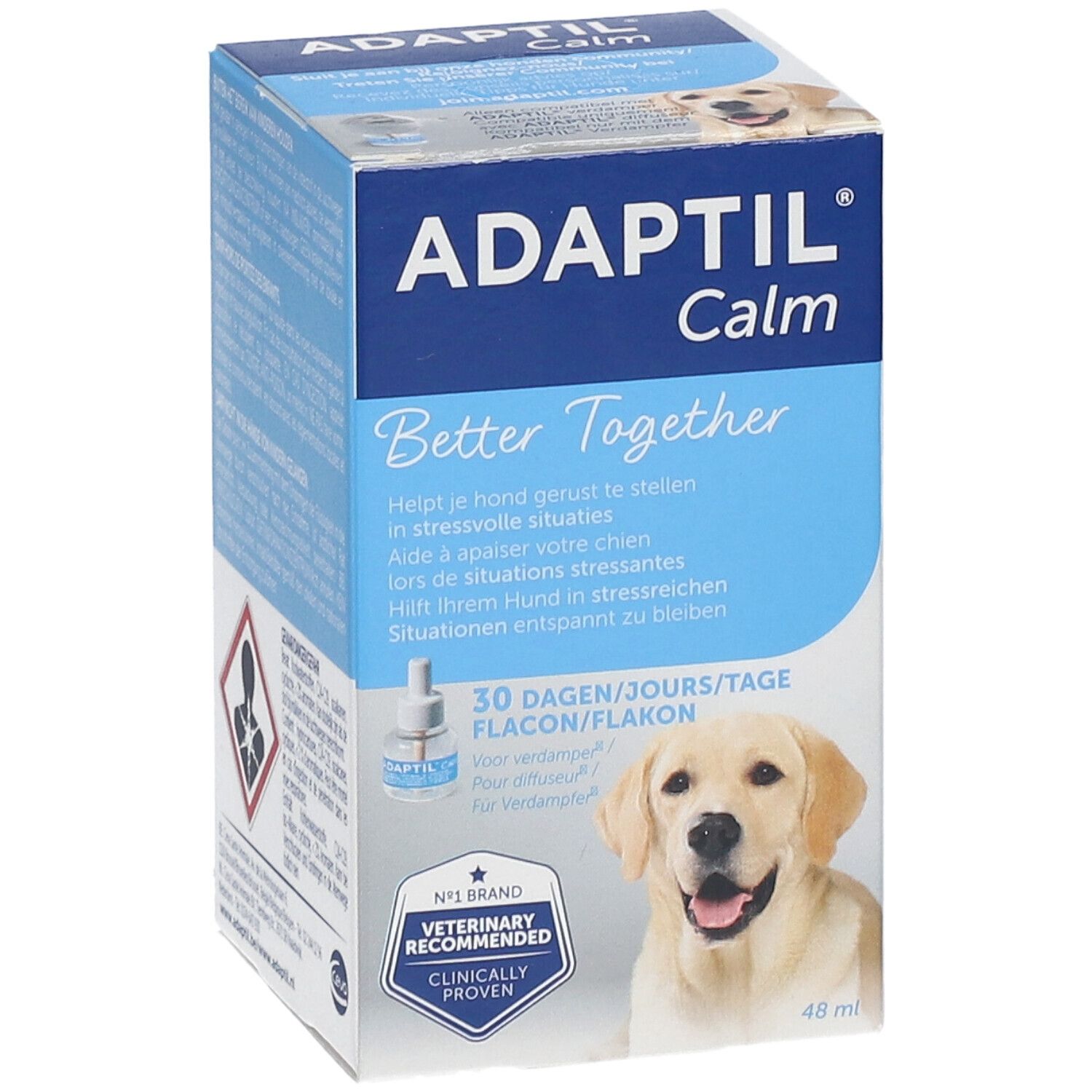 Adaptil Calm, boîte et flacon. Contient un flacon et une boîte. Recommandé par les vétérinaires.