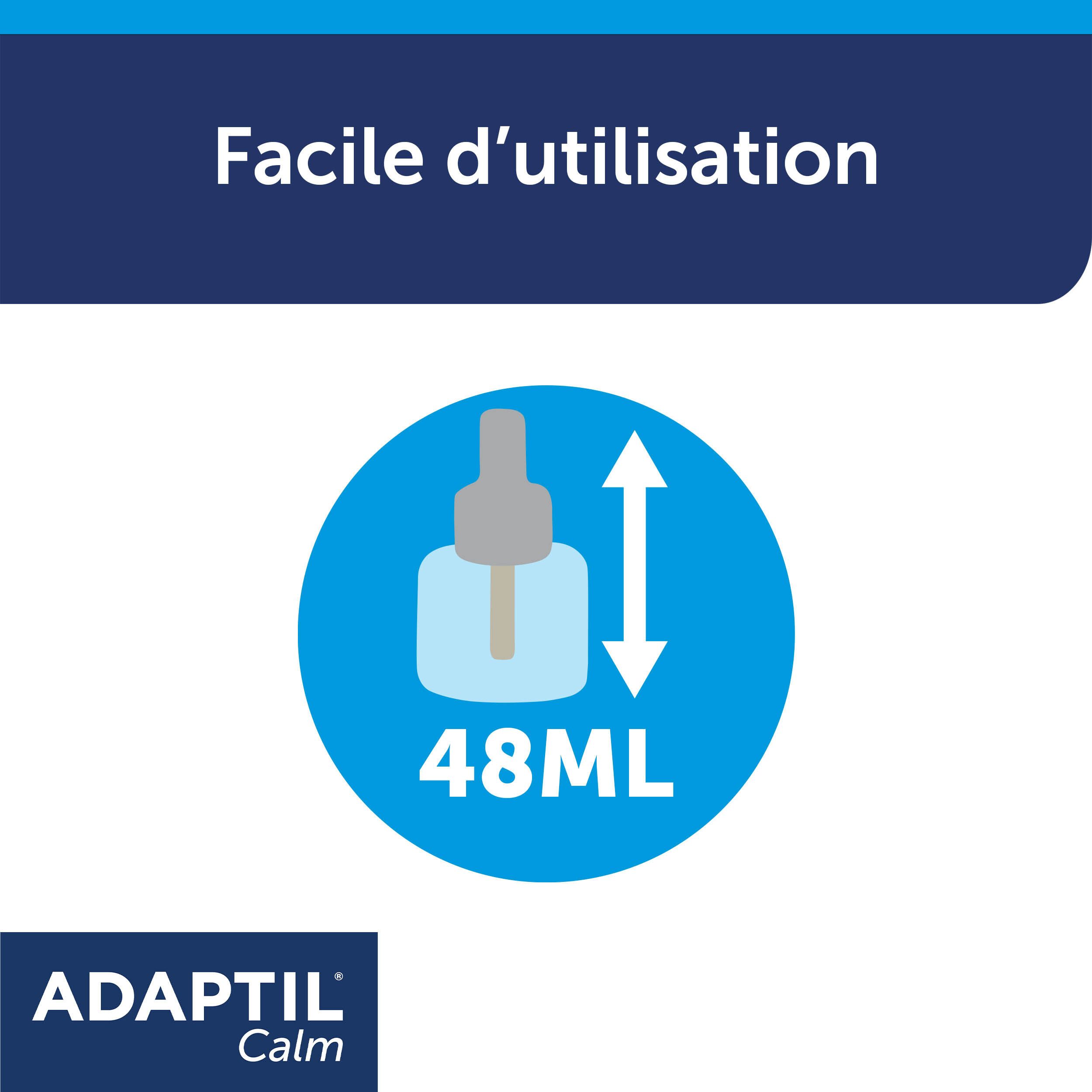 Adaptil Calm, flacon. Flacon de 48 ml. Illustration avec des flèches.