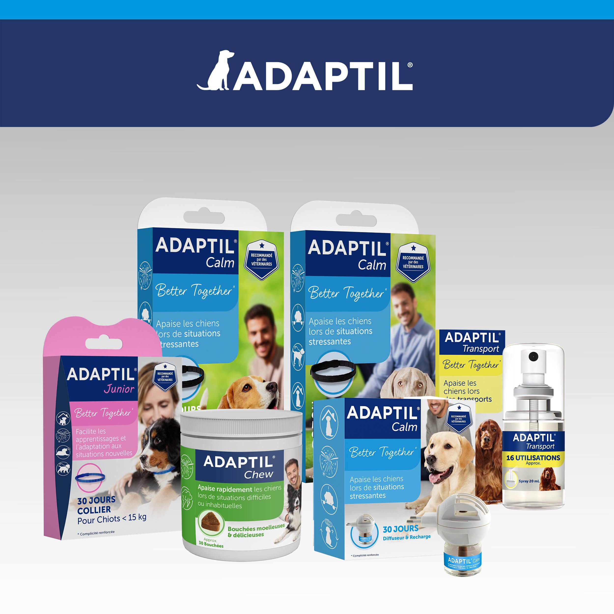 Adaptil Calm, gamme de produits. Différents produits Adaptil. Pour chiens.