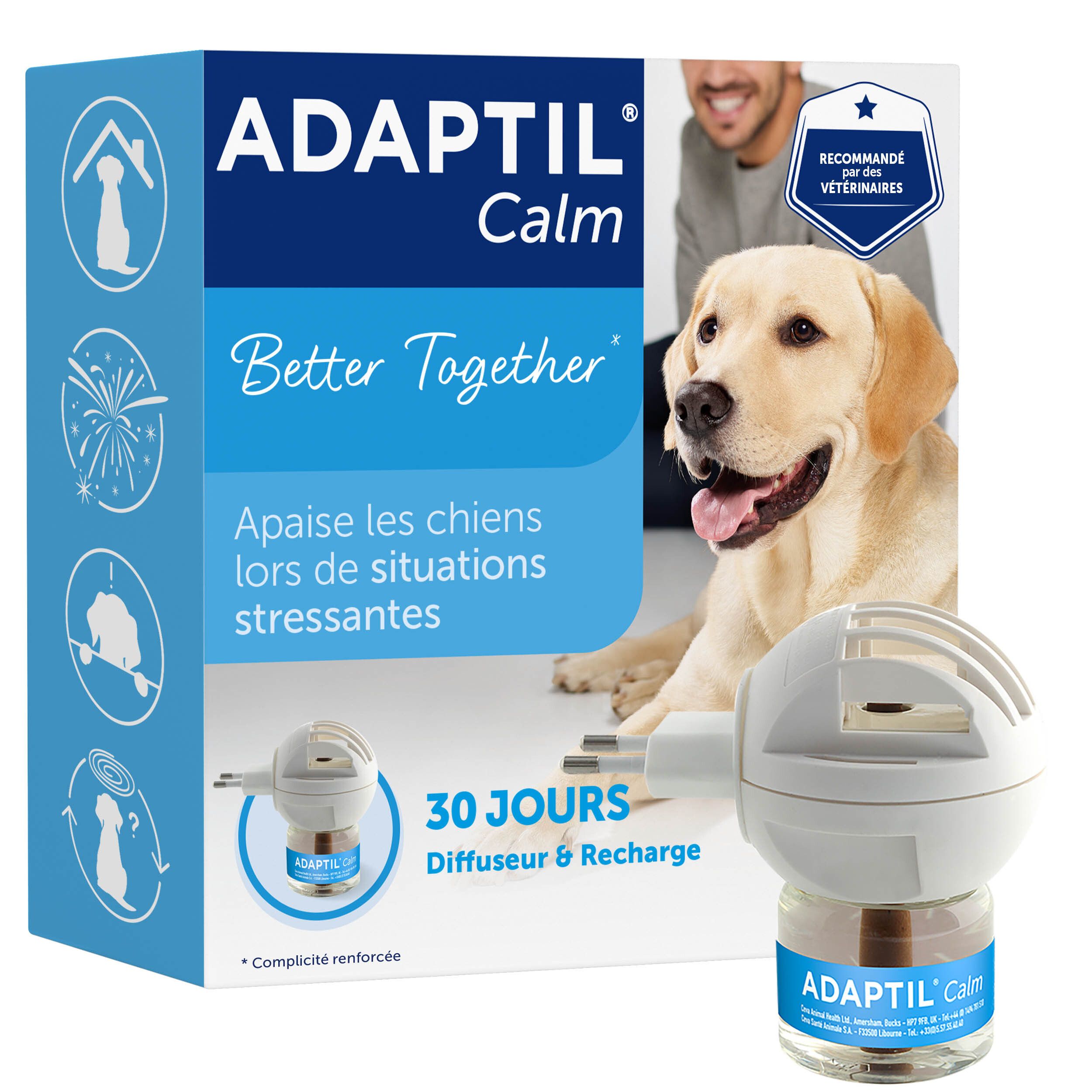 Diffuseur et flacon ADAPTIL Calm. Boîte avec image.