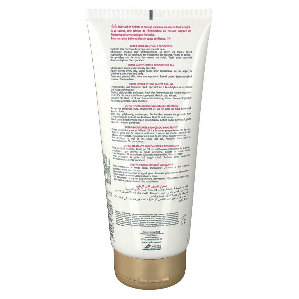 Achterkant van de TOPICREM Ultra Hydratant progressive Bräune tube. Tekst in meerdere talen. Gouden sluiting.