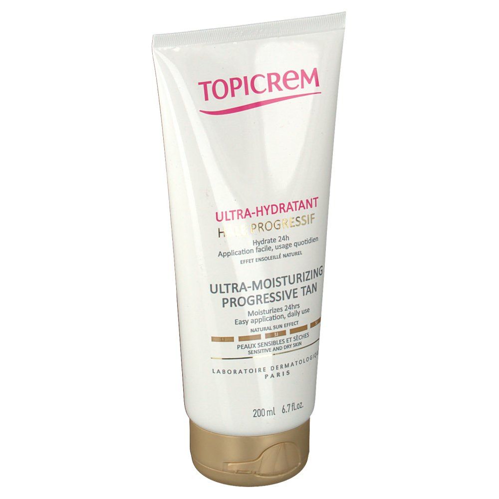 TOPICREM Ultra Hydratant progressive Bräune tube. Wit, roze en bruine accenten. Tekst: Ultra-Hydratant, progressive Tan, 200ml.