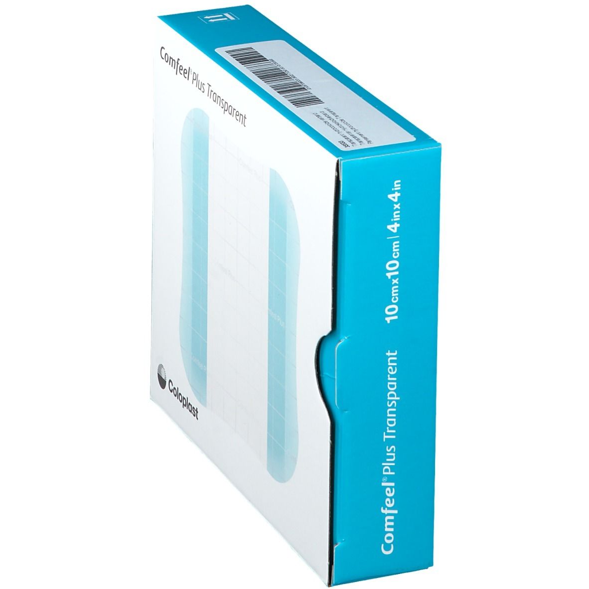 Schräg stehende Verpackung mit transparenten Hydrokolloid-Verbänden. Produktname und Logo sichtbar.