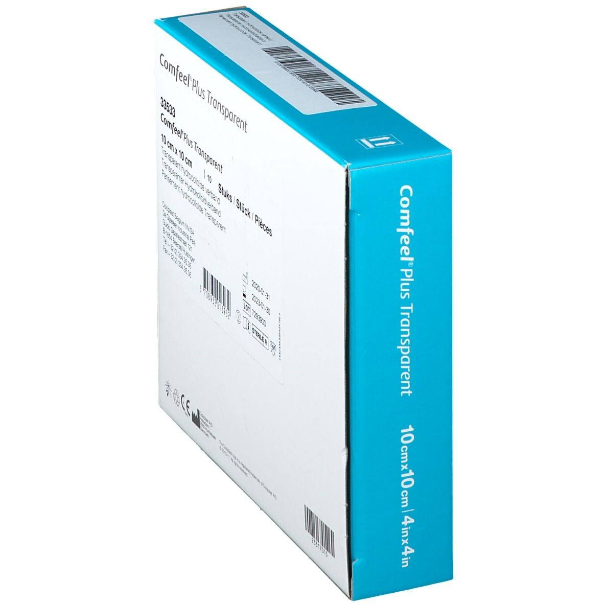 Schräg stehende Verpackung mit Produktinformationen. Produktname, Größe, Chargennummer und Hersteller.