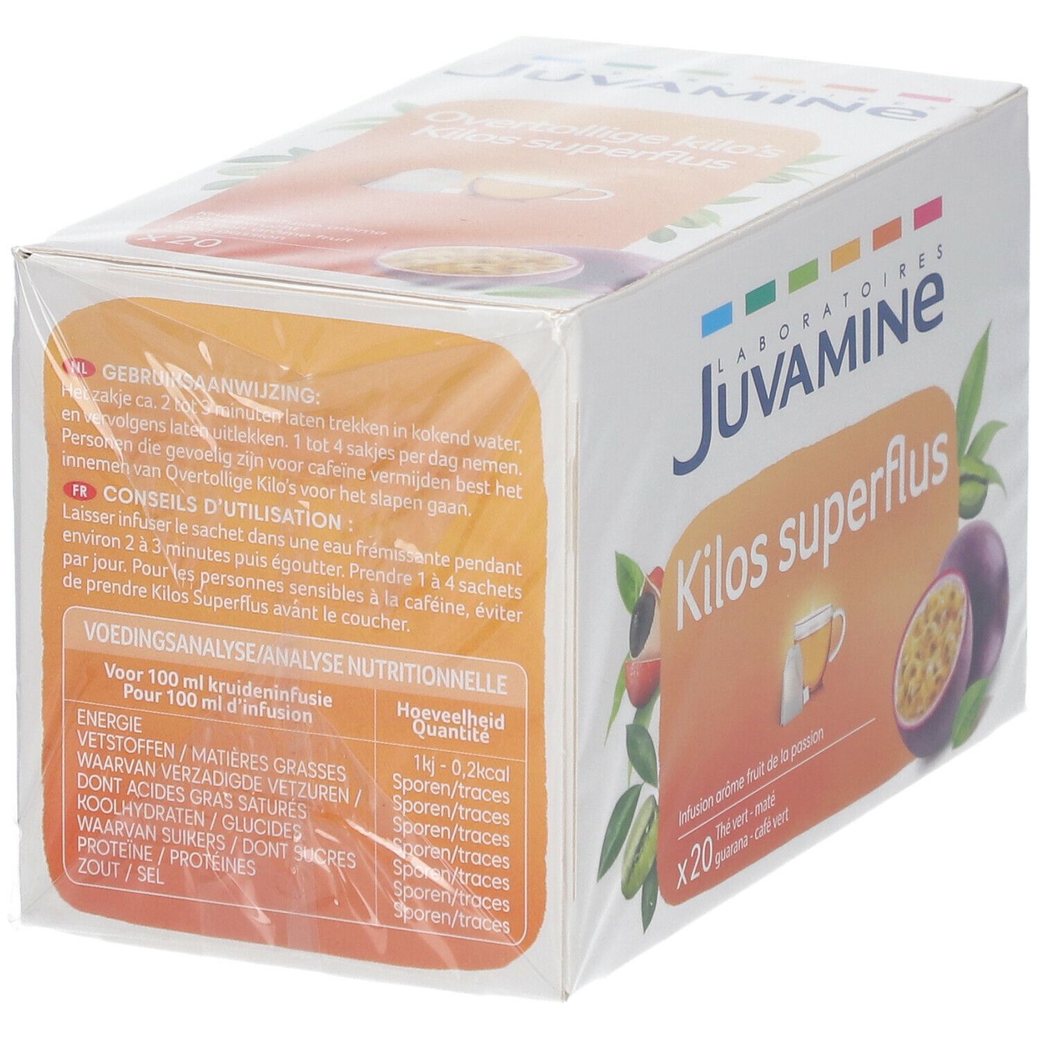 Verpackung von JUVAMINE Kilos Superflus. Rückseite mit Nährwertangaben und Gebrauchsanweisung. Enthält 20 Beutel.