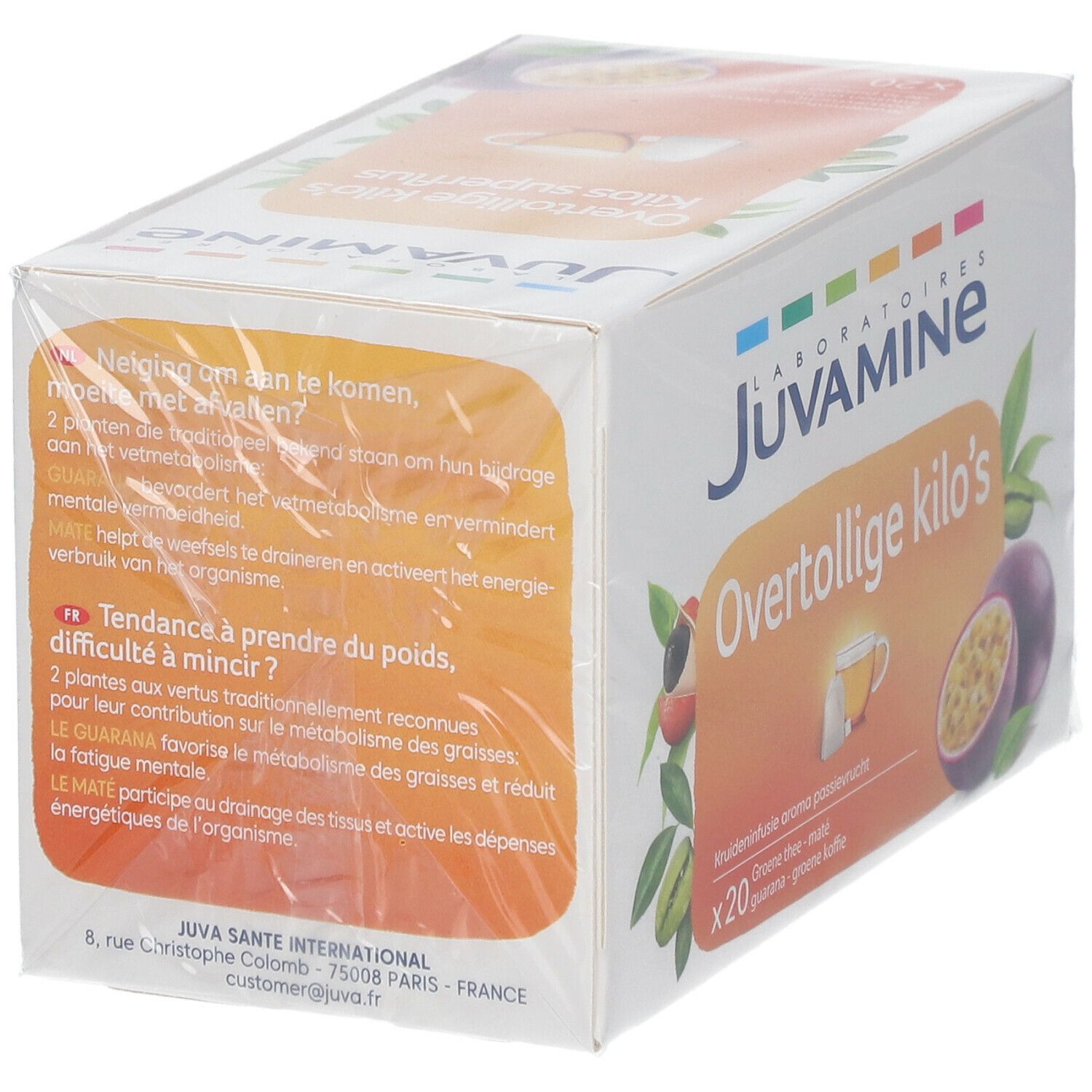Verpackung von JUVAMINE Overtollige kilo's. Rückseite mit Informationen. Enthält 20 Beutel.