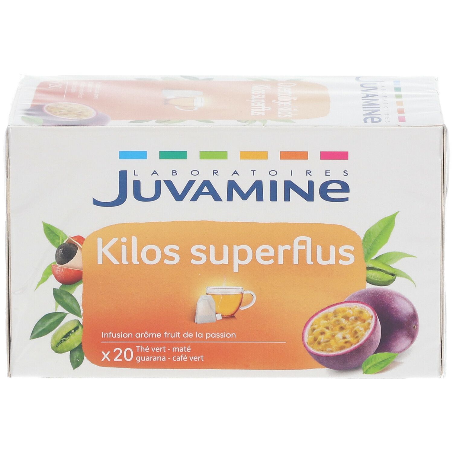 Verpackung von JUVAMINE Kilos Superflus. Produktname, Illustrationen von Früchten und Teebeutel. Enthält 20 Beutel.