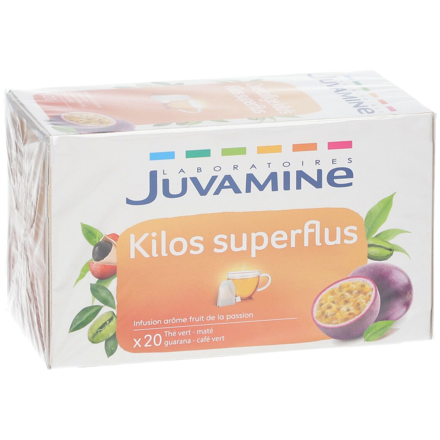 Verpackung von JUVAMINE Kilos Superflus. Produktname, Illustrationen von Früchten und Teebeutel. Enthält 20 Beutel.