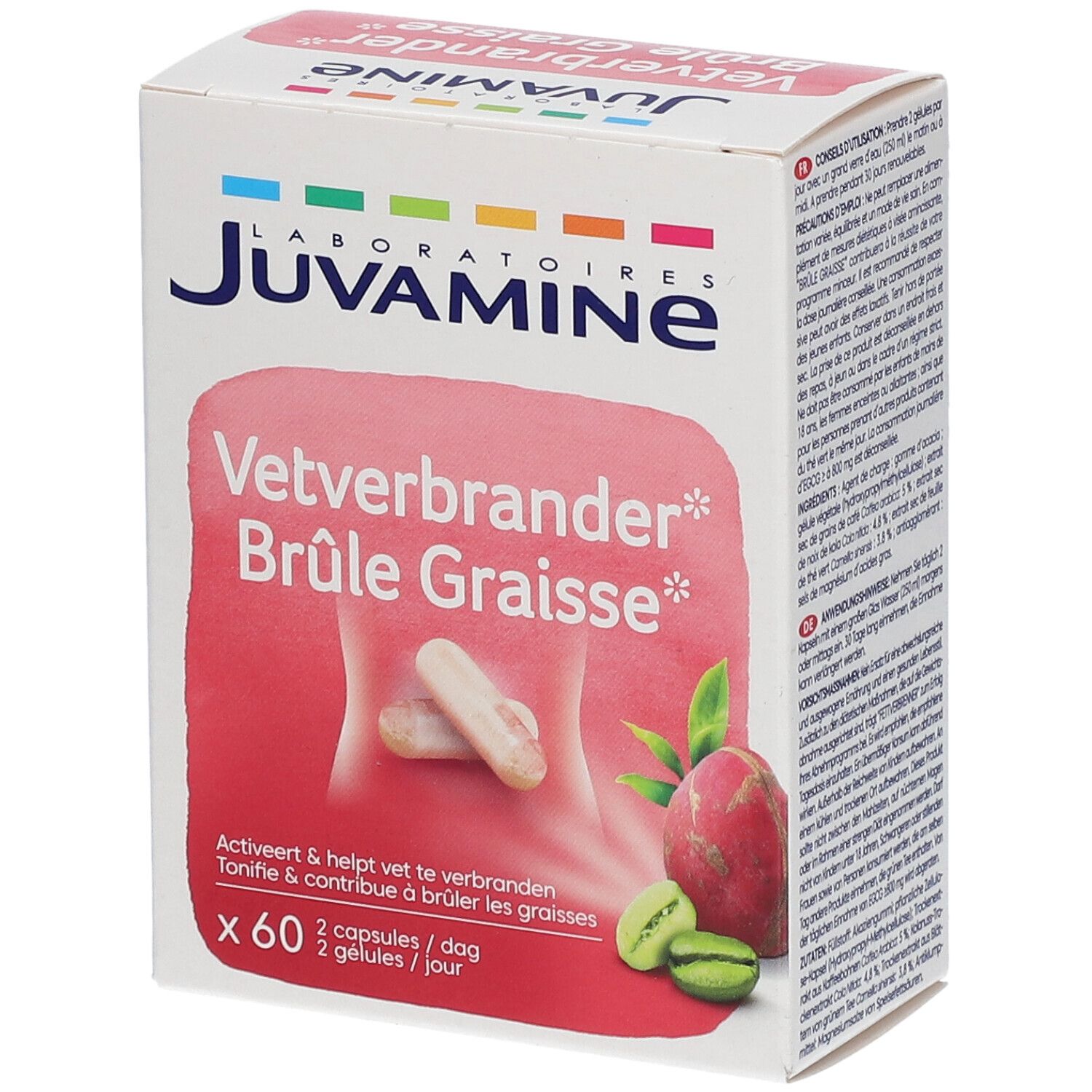 Juvamine Vetverbrander* Brûle Graisse* Schachtel. 60 Kapseln. Abbildung von Kapseln und Frucht.