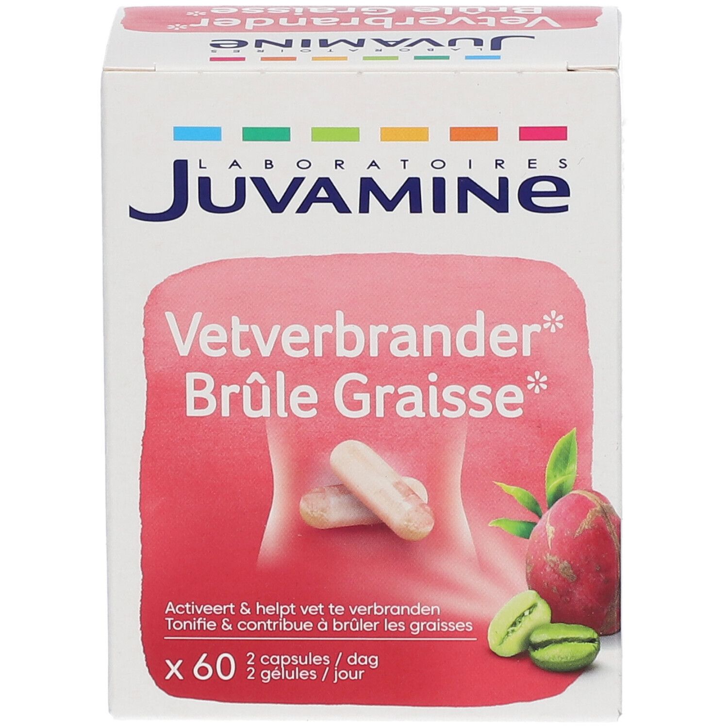 Juvamine Vetverbrander* Brûle Graisse* Schachtel. 60 Kapseln. Abbildung von Kapseln und Frucht.