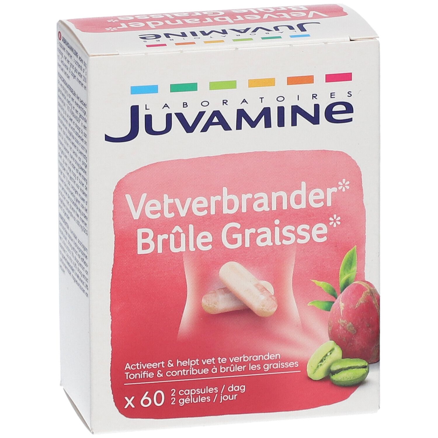 Juvamine Vetverbrander* Brûle Graisse* Schachtel. 60 Kapseln. Abbildung von Kapseln und Frucht.